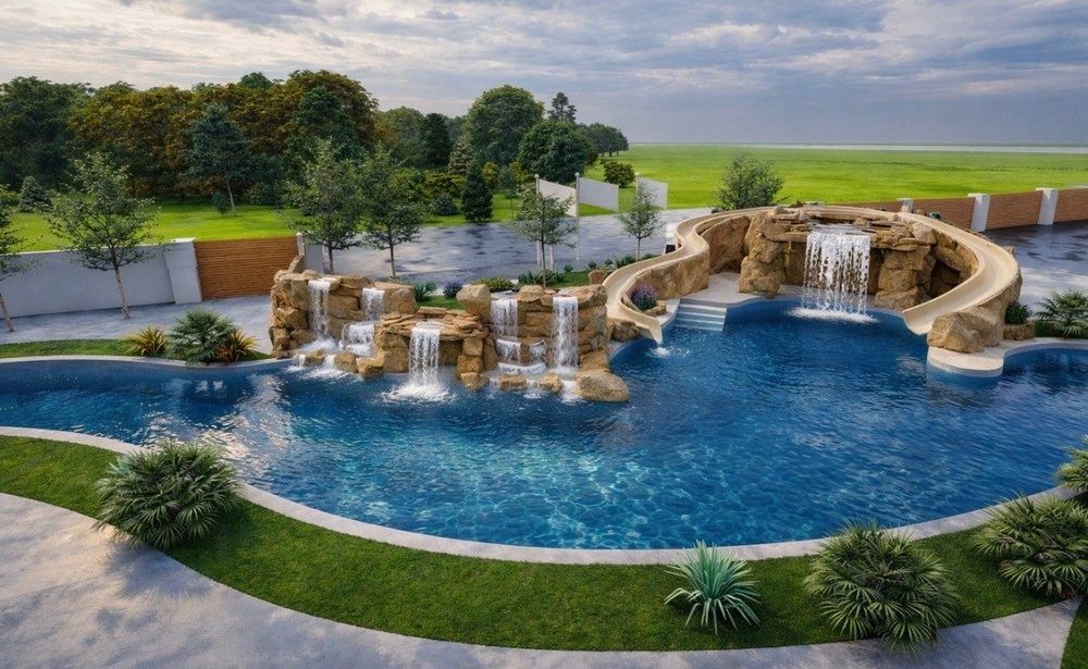 The resort pool at Red Feather with rock waterfalls and a lazy river.