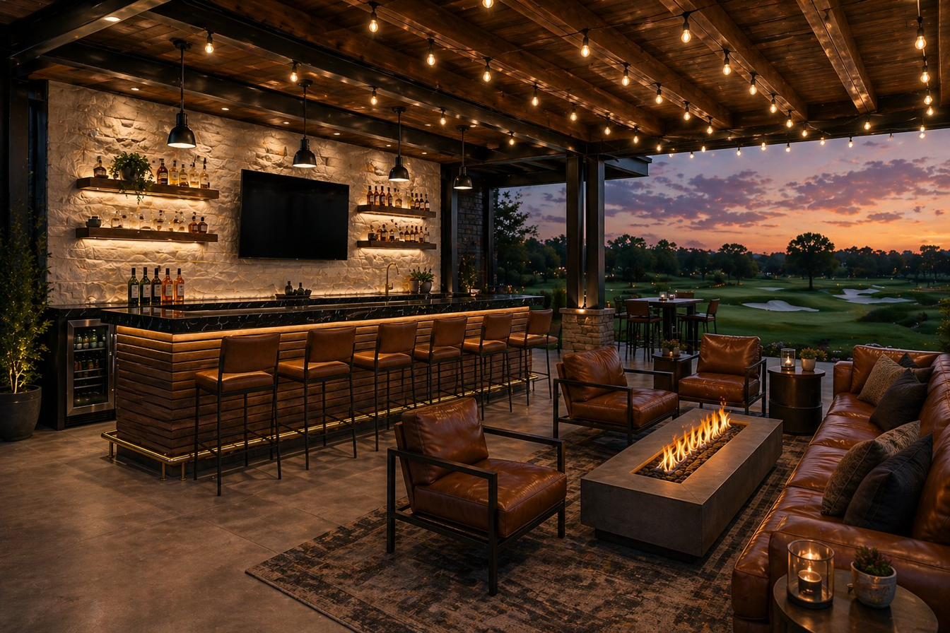 The Red Feather patio bar at twilight.